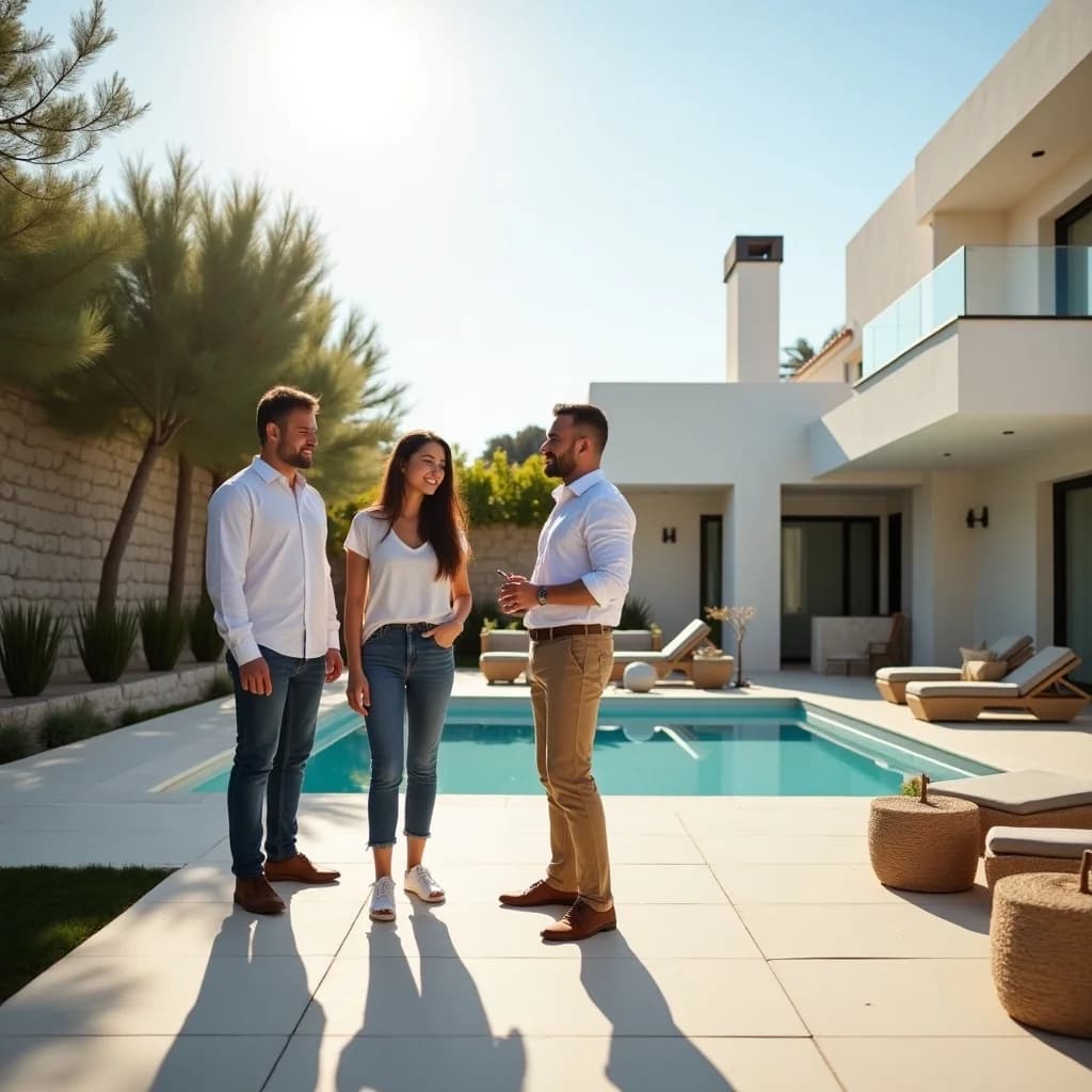 Man standing by luxury waterfront property with document