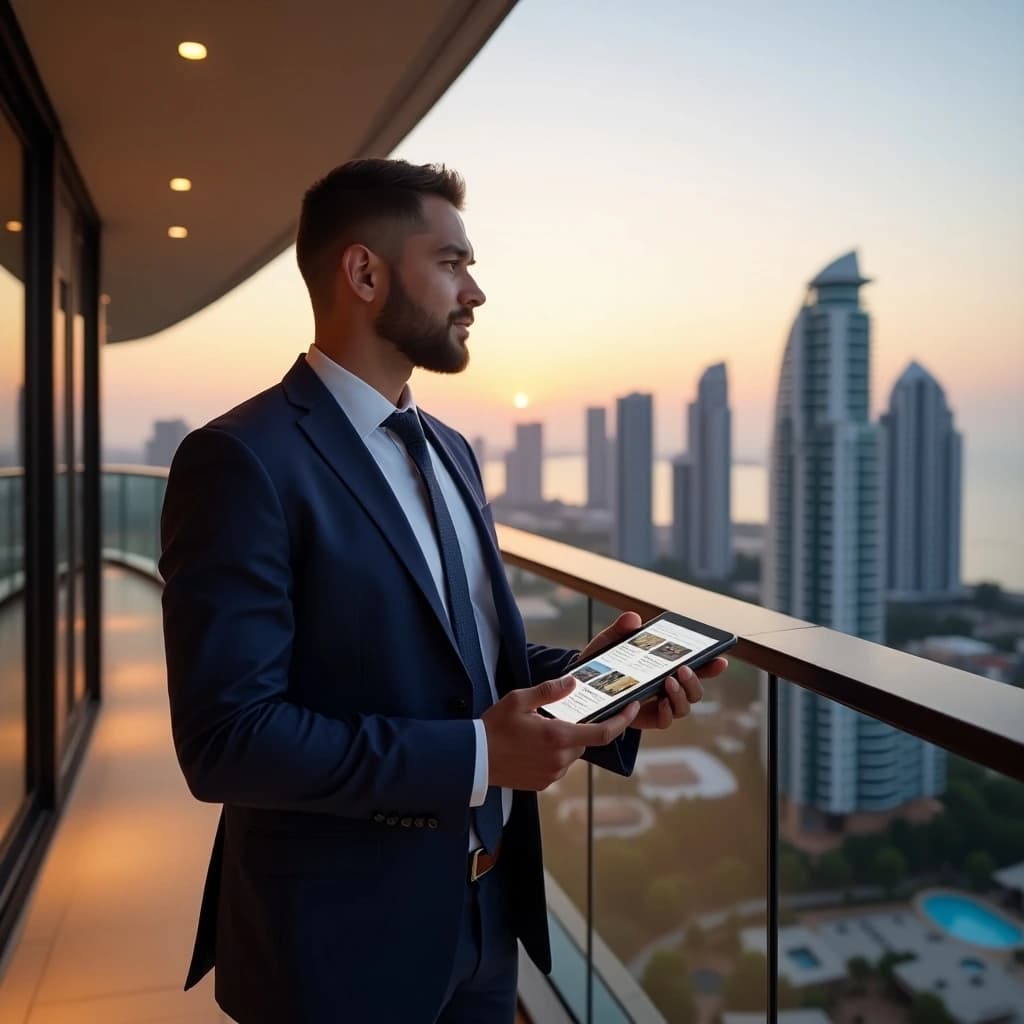 Man standing by luxury waterfront property with document