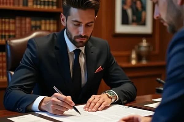 Man in suit sitting at desk reviewing documents