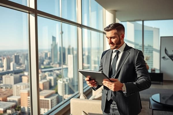 Man standing by luxury waterfront property with document