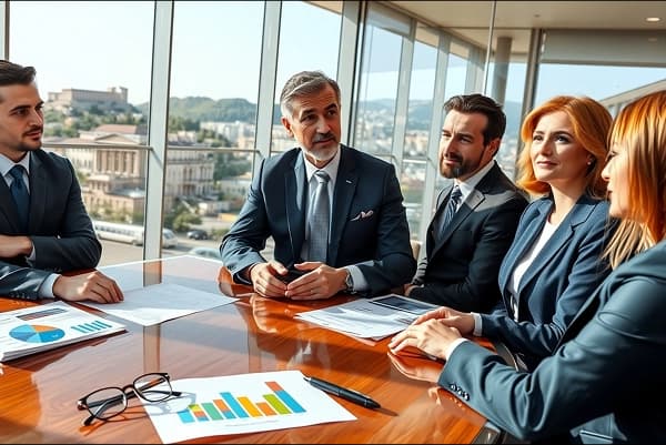 Man in suit sitting at desk reviewing documents